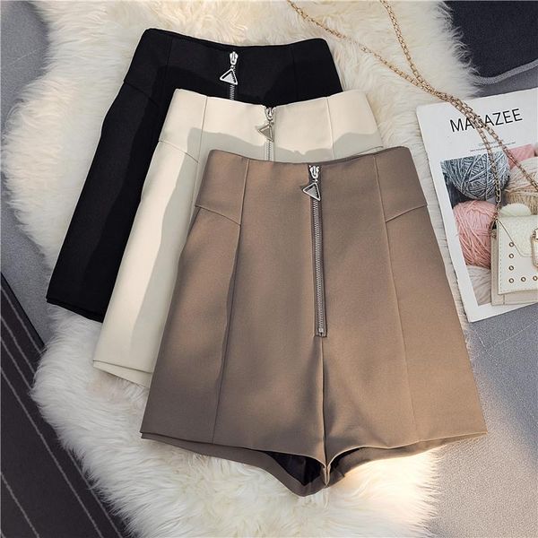 

women's shorts black women zipper trousers 2021 autumn high waist slimming a- line wide leg loose outer wear casual short femme, White;black