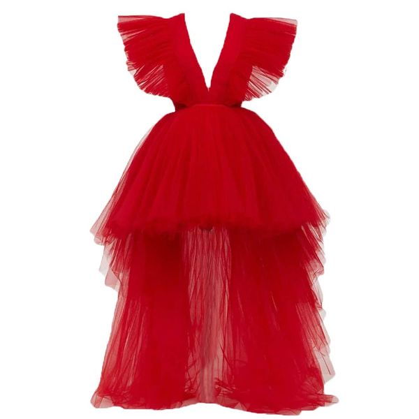 

deep v-line hi-lo tulle formal evening dresses with ruffles prom party gowns be02, Black;red