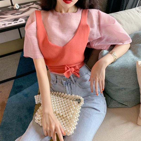 

casual dresses korean sweet conjuntos de mujer summer short sleeved shirt + sleeveless knitted tank two piece set womens clothing 00g8, Black;gray