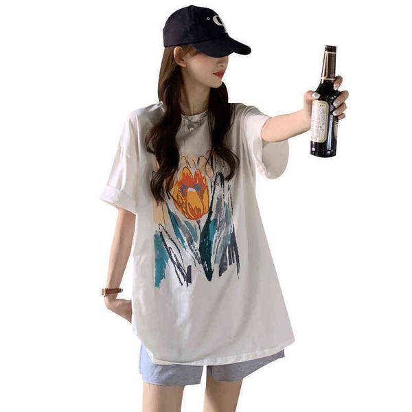 

painting flower oil short sleeve t-shirt women's vintage design, White