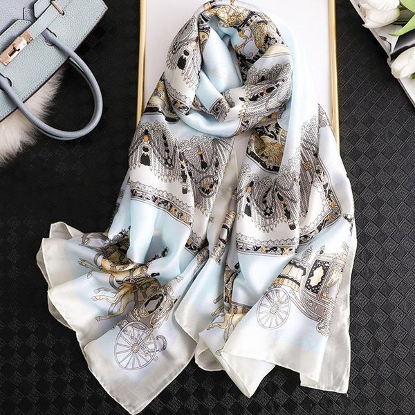 

scarves women imitation silk scarf retro carriage chain print shawls office lady wraps female headscarf beautiful gift 90x180cm, Blue;gray