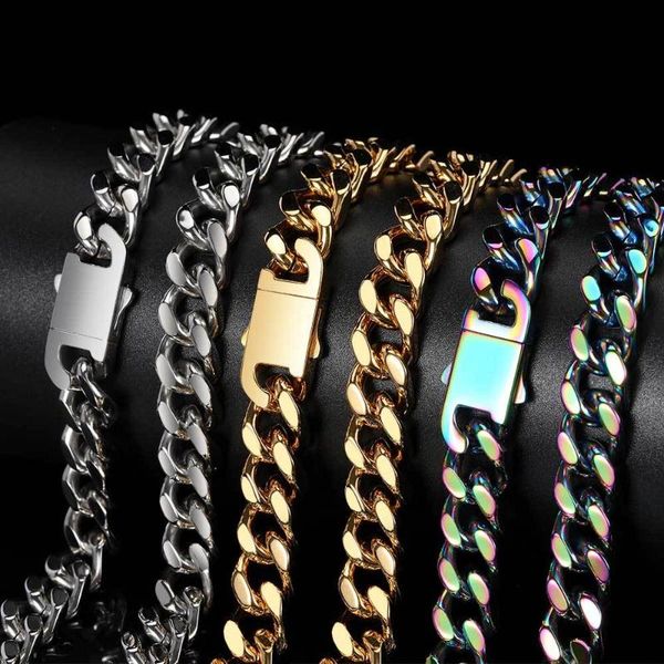

chains 8/10/12/14/16mm 2021 miami curb cuban chain necklace stainless steel snap hook lock clasp bracelet men women choker jewelry, Silver