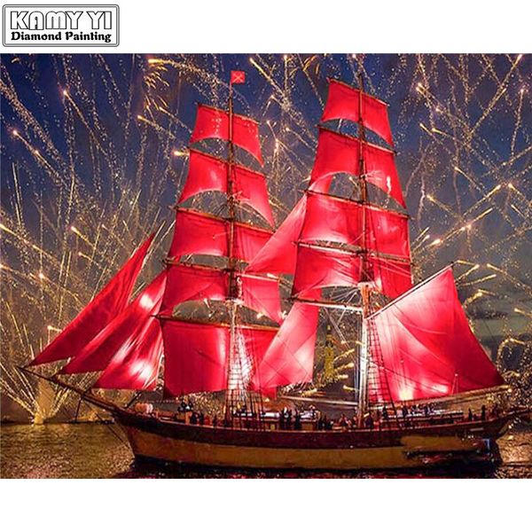 

diamond painting 5d diy square full cube embroidery red ship scenery pattern hobbies and mosaic christmas