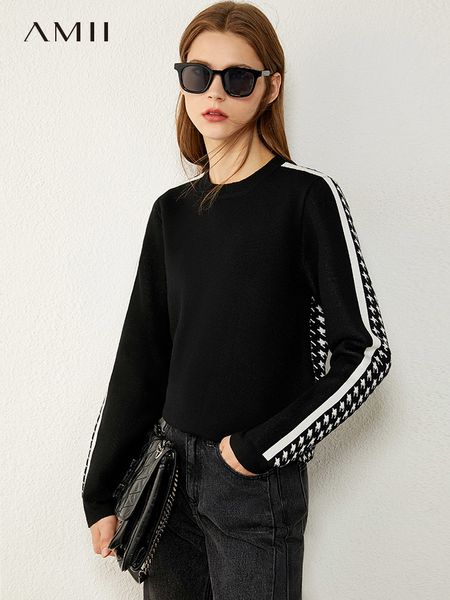 

amii minimalism autumn winter womens sweater fashion houndstooth oneck full sleeve sweaters for women female pullover 12030426, White;black