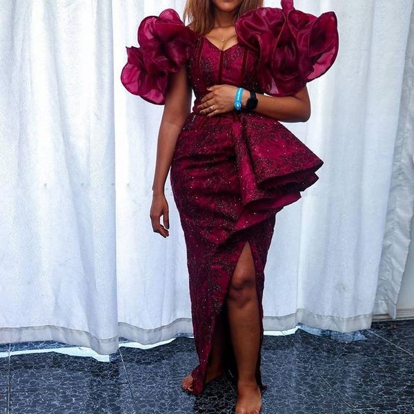 

party dresses aso ebi mermaid prom v neck beads sequins peplum short sleeves plus size evening dress saudi african women gowns, White;black