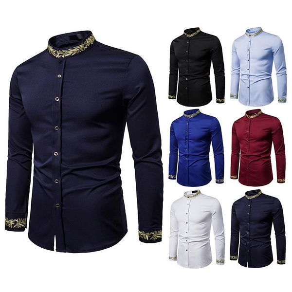

men's dress shirts men 2021 fashion embroidered shirt henry collar long sleeve button down dresses, White;black