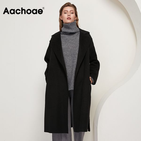 

aachoae 100% wool long coat with belt women long sleeve side split chic outerwear turn down collar casual black overcoat 210413