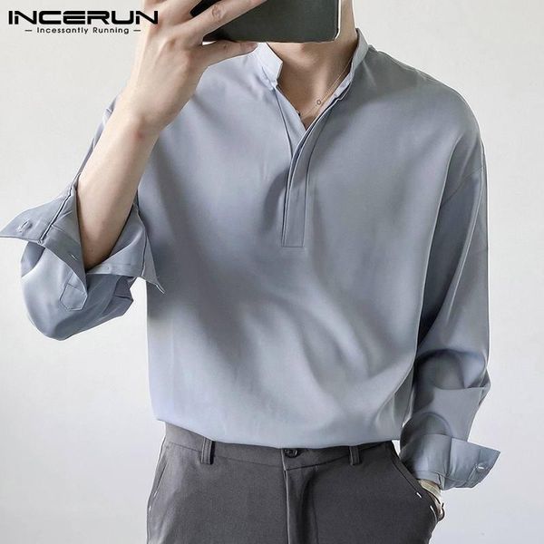 

men's casual shirts 2021 men shirt solid color stand collar korean long sleeve streetwear pullovers breathable leisure clothing incerun, White;black