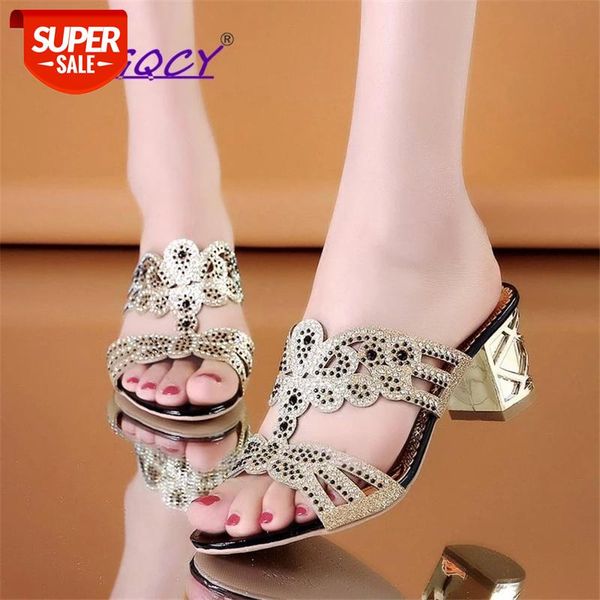 

women fashion high heels slipper peep toe hollow out crystals party shoes woman summer slip on square heel beach flip flops #ok5y, Black