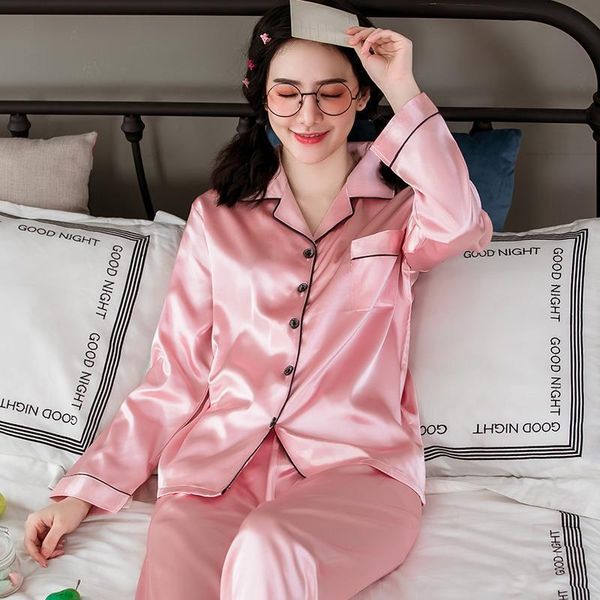 

pajamas silk pijamas satin women sleepwear girls suit home clothing pigama pyjamas set turn down collar summer plus size, Black;red