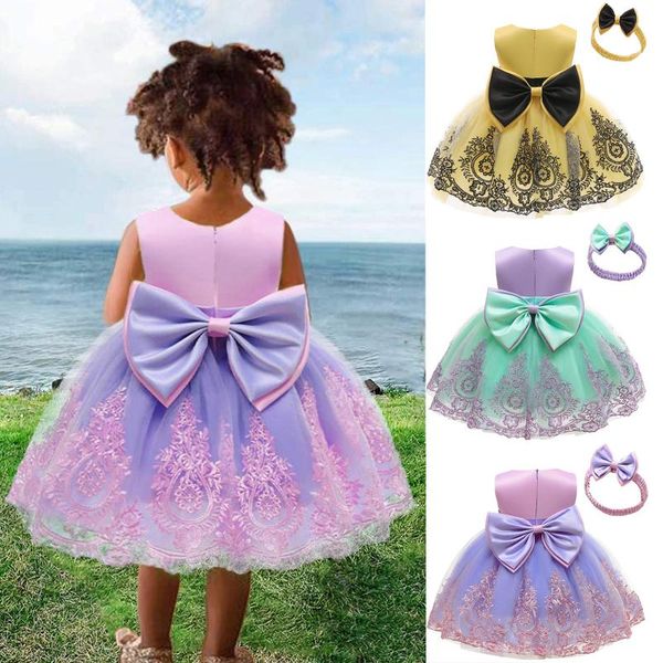 

girl's dresses baby girl pageant lace dress toddler party bowknot tutu gown with headwear christening for 0-3 years ropa, Red;yellow