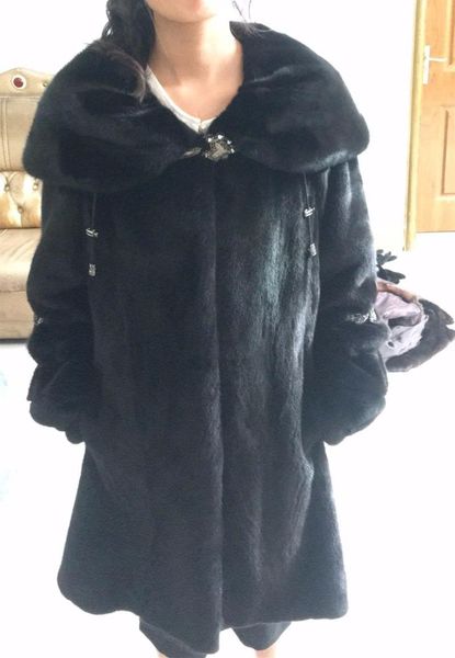 

women's fur & faux import natural real mink coat with big hood black