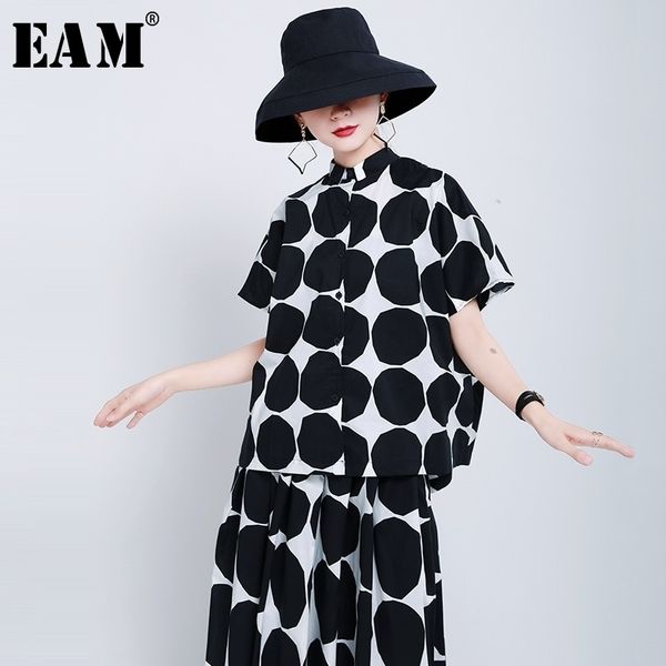 

[eam] women black big dot printed big size blouse new lapel short sleeve loose fit shirt fashion tide spring summer 1u801 210410, White