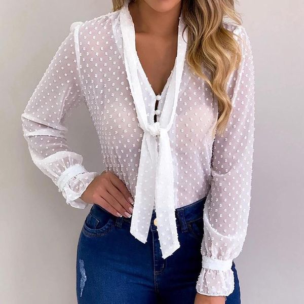 

women's blouses & shirts fashion polk dot chiffon blouse shirt loose buttons tee casual office ladies female women long sleeve blusas, White