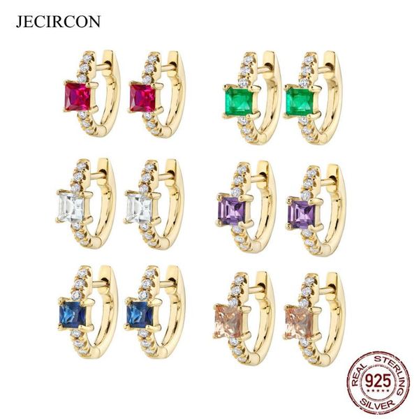 

hoop & huggie jecircon real 925 sterling silver square colorful zircon earrings minimalist gold color huggies circle, Golden;silver