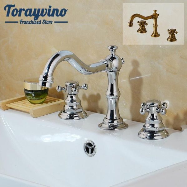 

bathroom sink faucets basin faucet 3 pcs chrome/ antique brass finish 2 handle mixer tap double handles