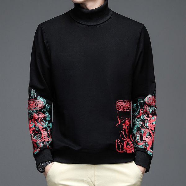 

sweater classic guochao men's casual t2021 spring and autumn high collar bottoming shirt loose couple long sve t-shirt, Black