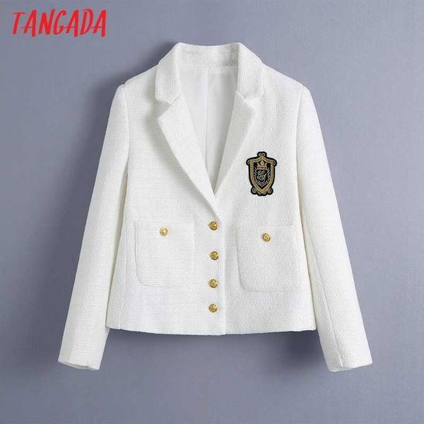 

tangada women white tweed crop blazer embroidery female long sleeve vintage jacket ladies blazer formal suits be390 210609, White;black