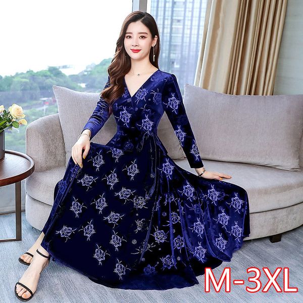 

casual dresses women spring autumn gold velvet dress fashion long sleeve v-neck evening party elegant slim print plus size maxi vestidos fli, Black;gray