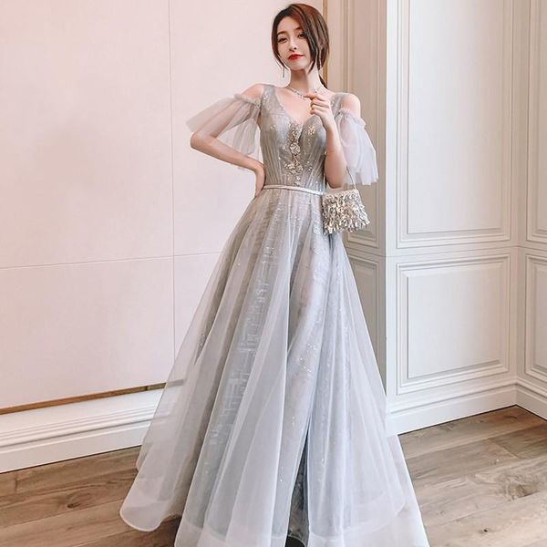 

ethnic clothing gray v-neck evening dress fairy bridesmaid bling sequins banquet elegant a-line party slim maxi mesh, Red