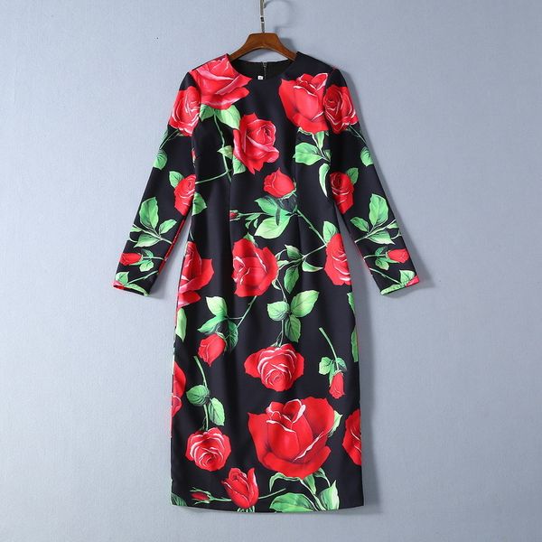 

dresses spring for european and american women's wear rose print long-sleeved round collar fashion dress wr5c, Black;gray