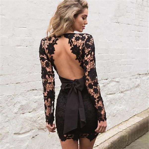 

casual dresses women floral lace dress v-neck long sleeve backless mini bodycon elegant hollow out slim short, Black;gray
