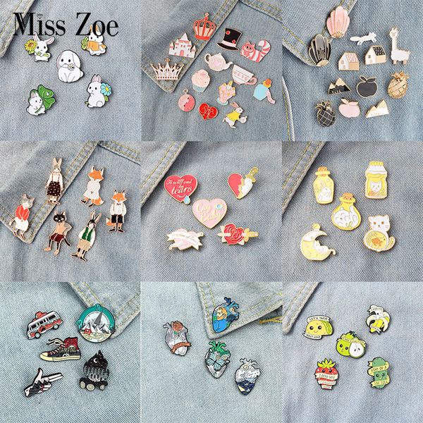 

miss zoe 414pcs/set cartoon enamel pins set fairy tale brooches denim coat backpack lapel pin badge cute animal jewelry giftdio chan contact, Gray
