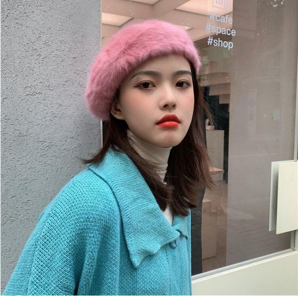

female japanese wild rabbit fur beret berets hats caps gsbl019a fashion plush autumn and winter casual retro painter hat, Blue;gray