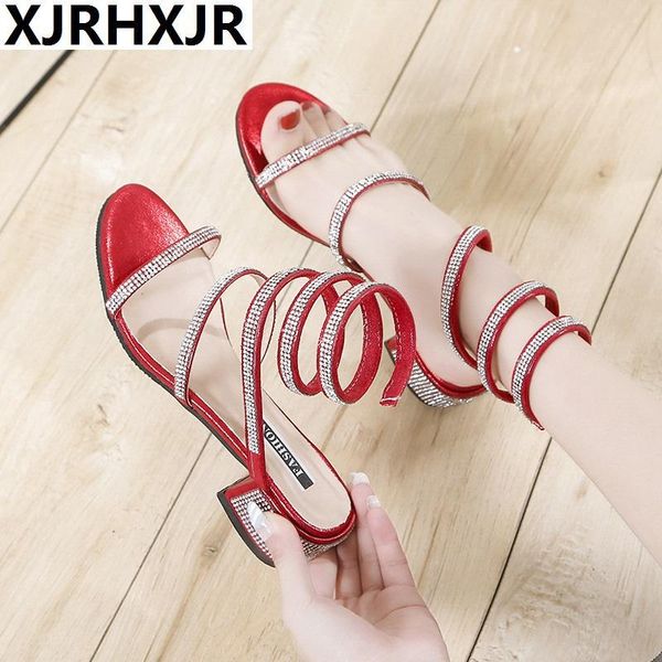 

rhinestone snake around gladiator sandals woman open toe narrow band diamond 4.5cm high heel shoes women party, Black