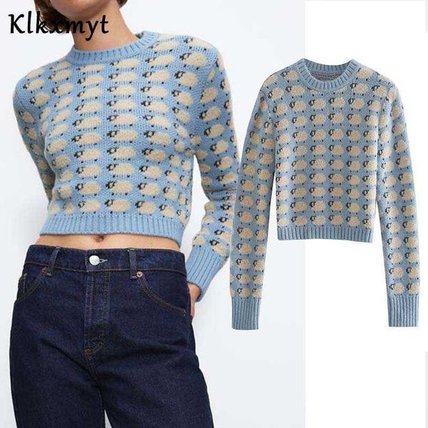 

klkxmyt za sweater women autumn fashion print knitted vintage o neck long sleeve female pullovers chic 210527, White;black
