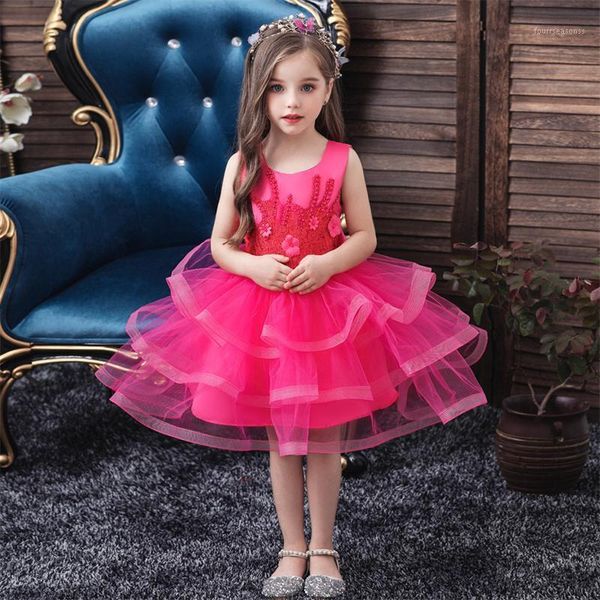 

girl's dresses baby girl dress mesh midi sleeveless o-neck flower sequined high waist flared princess for 2-10 years clothes1, Red;yellow