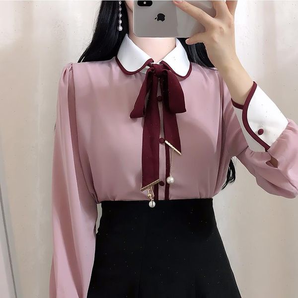 

stitching chiffon korean casual women blouses clothing fashion long sleeve, White