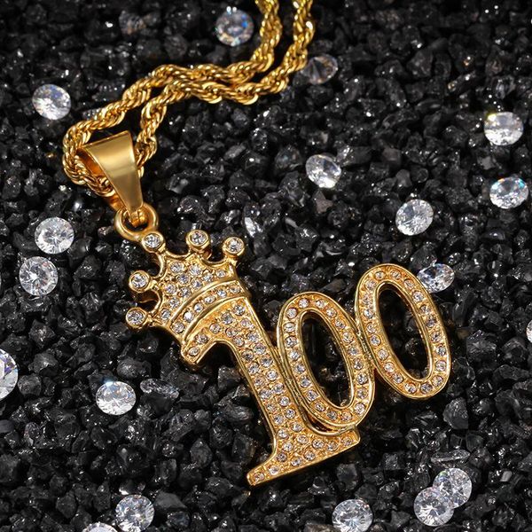 

pendant necklaces hip hop bling iced out rhinestone gold color stainless steel crown 100 points necklace for men rapper jewelry, Silver