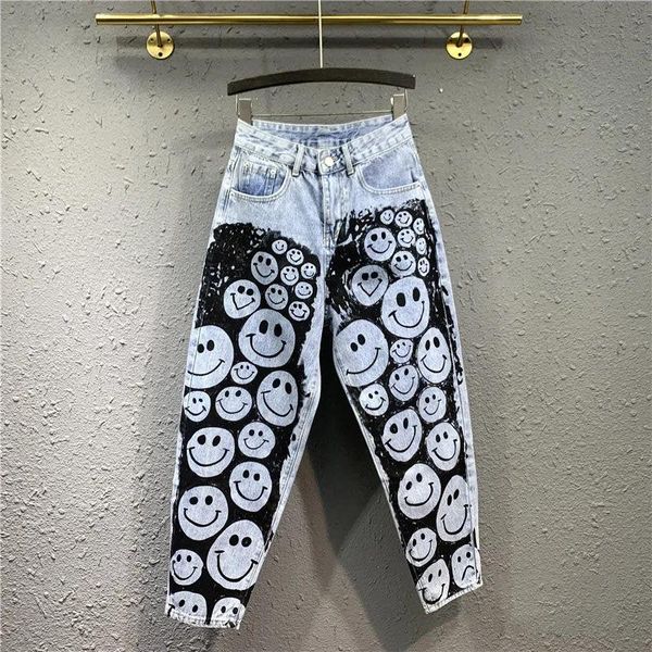 

women's jeans high street capris denim women spring summer smile printed harujuku harem trousers fashion pants sy077, Blue