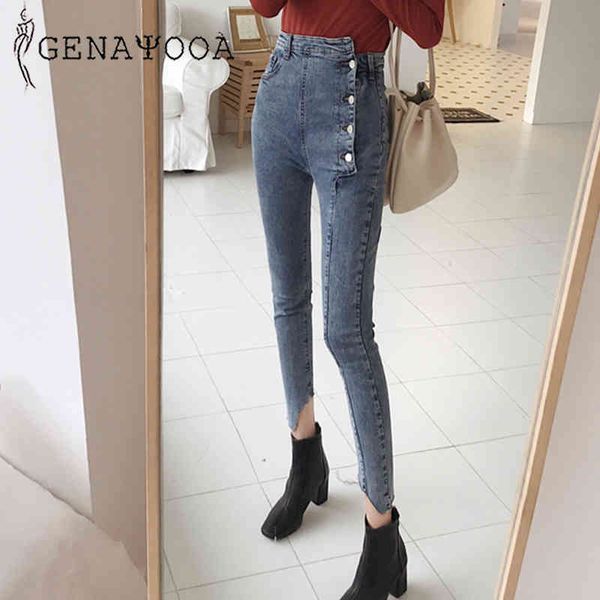 

genayooa quality skinny woman botton high waist jeans vingate demin pencil pants streetwear 210417, Blue