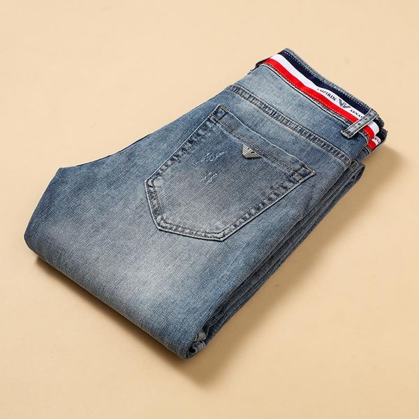 

men's jeans spring cotton slim elastic ltaly eagle brand casual fashion trousers classic style denim pants male, Blue