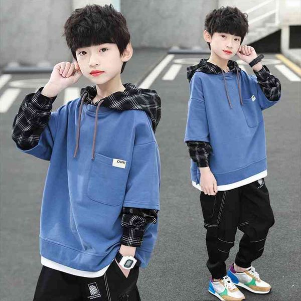 

boys hoodies kids 4 12 years children plaid long sleeve patchwork t shirts black sweatshirts