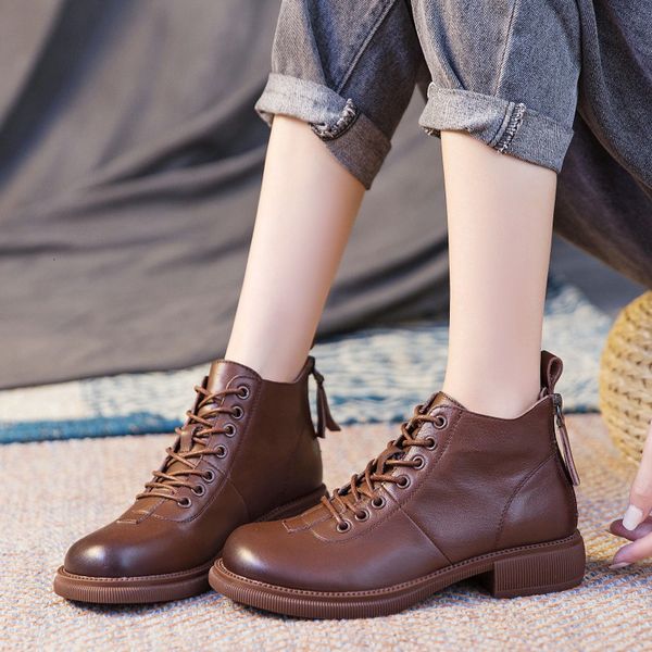 

first layer cowhide fashion trendy martin autumn and winter 2021 leather thick heel short boots lace up women's, Black
