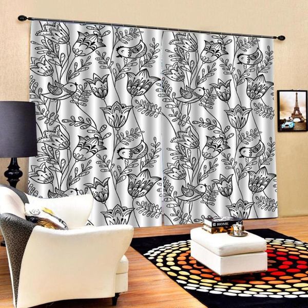 

curtain & drapes simple creative drawing flower and birds 3d blackout large window for living room bedroom (left right side)