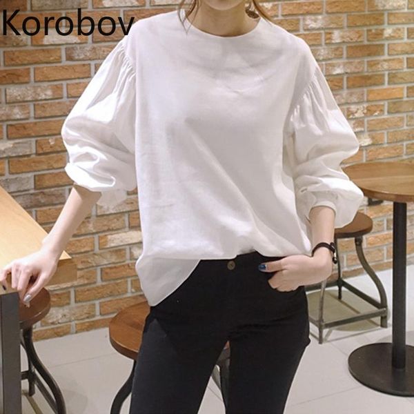 

women's blouses & shirts korobov vintage korean women 2021 arrival autumn ol elegant puff sleeve o neck blusas mujer, White