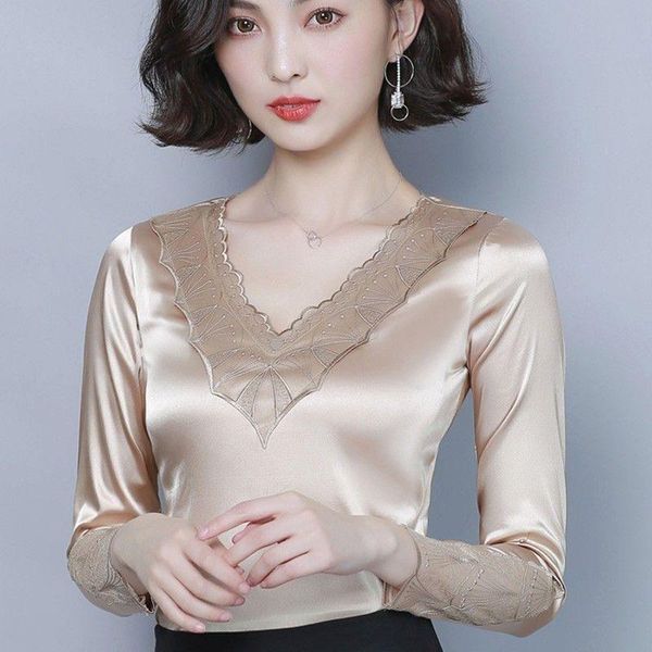 

women autumn fashion korean imitated silk shirts female streetwear lace patchwork stain v-neck all-match blouse a329 women's blouses &, White