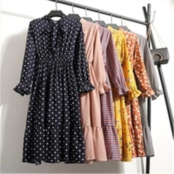 

midi floral long sleeve korean womens dress casual black shirt vestidos office vintage autumn winter, Black;gray