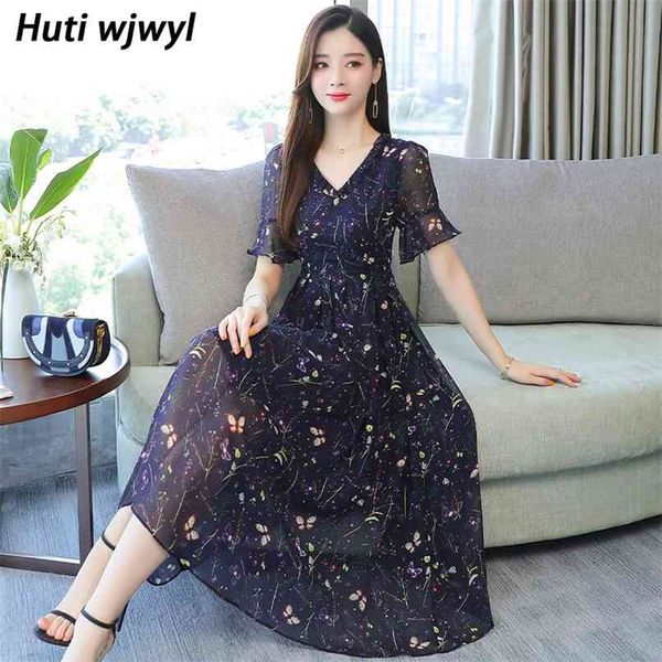 

summer vintage floral chiffon casual midi dresses elegant women plus size boho sundress party short sleeve runway vestidos 210528, Black;gray