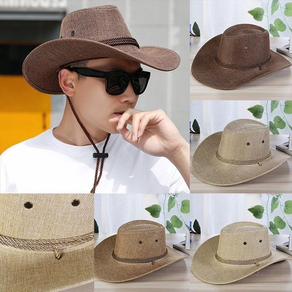 

men cowboy hat summer sun flax breathable outdoor caps comfortable cycling hats wild jazz travel, Blue;gray