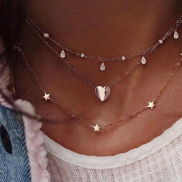 

multilayer crystal star love heart vintage necklaces pendants for women charm gold choker necklace fashion bohemian jewelry pendant, Silver