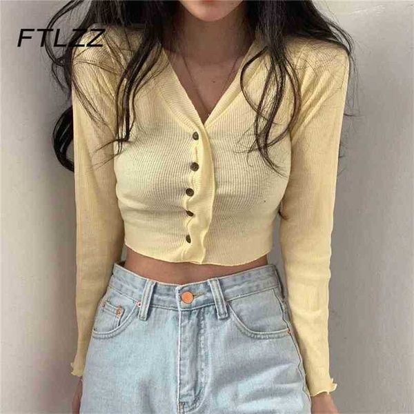 Spring Summer Colheita Sweater Mulheres Manga Longa Sexy V-Pescoço Botão Up Short Cardigan Mulher Streetwear Fashion Tops 210525