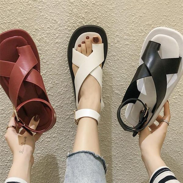 

sandals ladies non-slip flat with buckle black and white beach fashion shoes