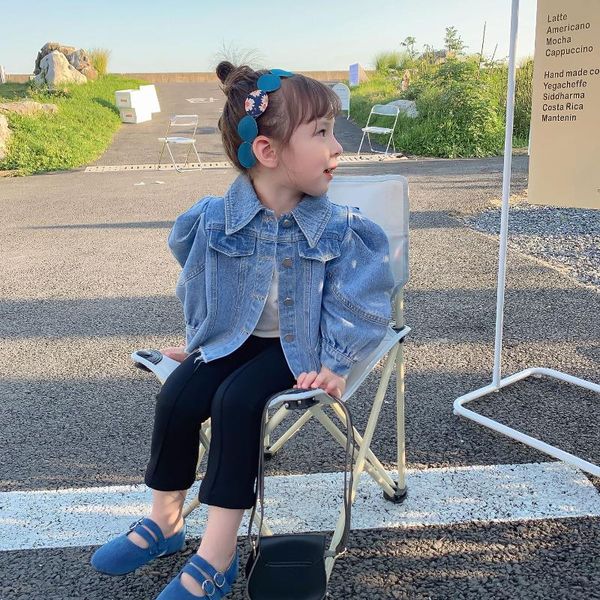 

jackets 2021 girls autumn fashion solid color denim jacket children 's bubble sleeve short lapel cardigan 1-6 years, Blue;gray