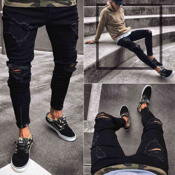 

men's jeans jeans black hole elastic zipper men's leggings trend, Blue