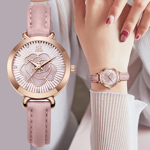 

wristwatches shengke brand elegant women watches pink genuine leather flower rose pattern minimalism female quartz wristwatch business clock, Slivery;brown